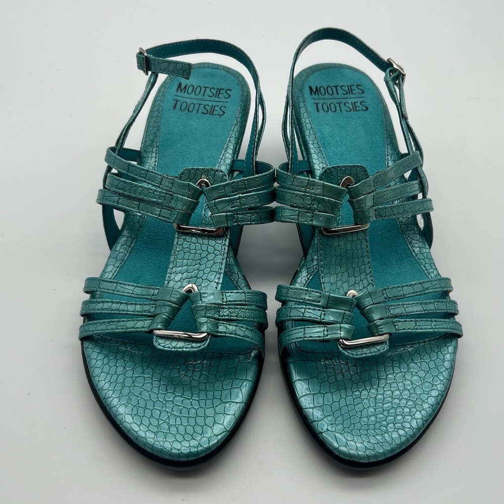 Mootsies Tootsies Teal Croc Embossed Strappy Low Wedge Slingback Sandals